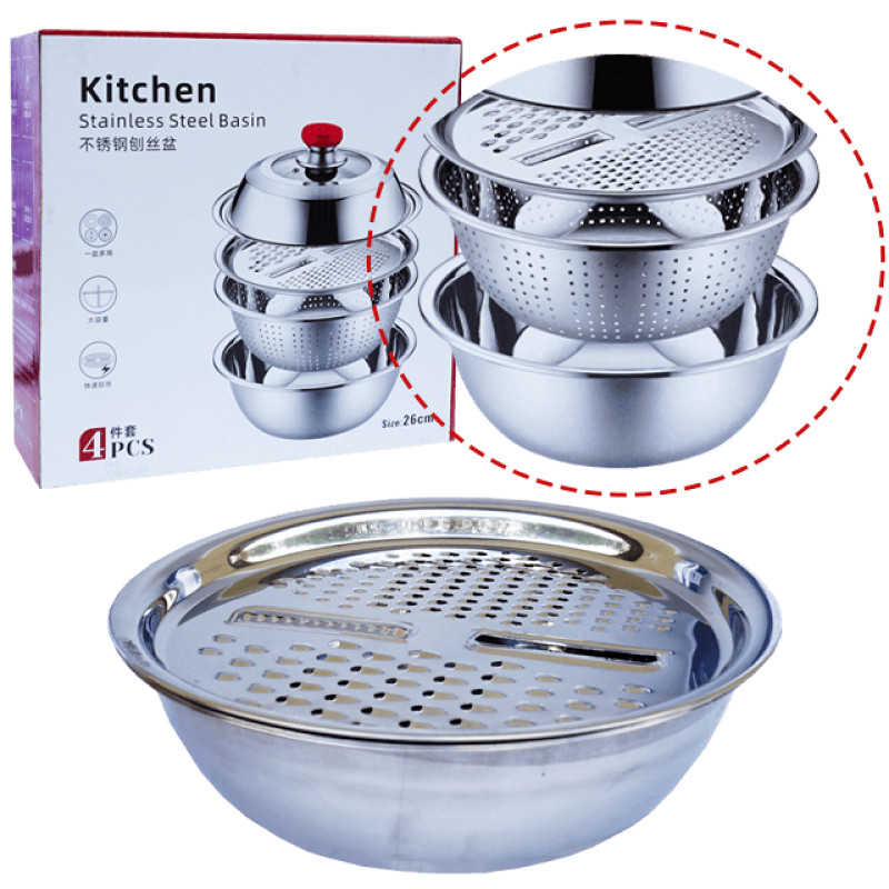 Bol inox strecuratoare si razatoare 3 in 1, 26 CM